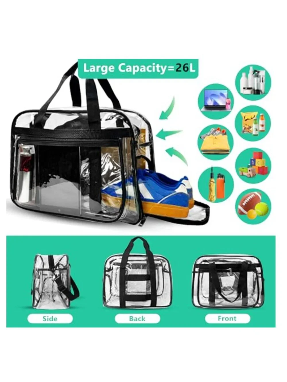 Clear Gym Bag with Shoe Compartment, Heavy Duty PVC Travel Tote, Adjustable